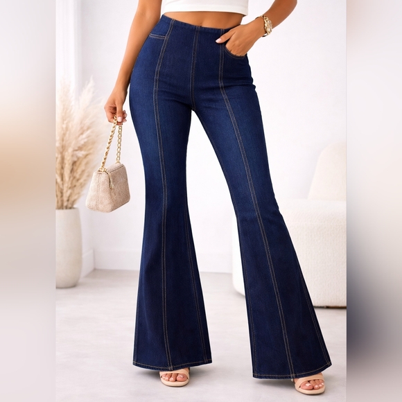 Nichole Lynel Pants - Nichole Lynel Women’s M Dark Wash High Rise Flare Pants NWT Stretch Denim